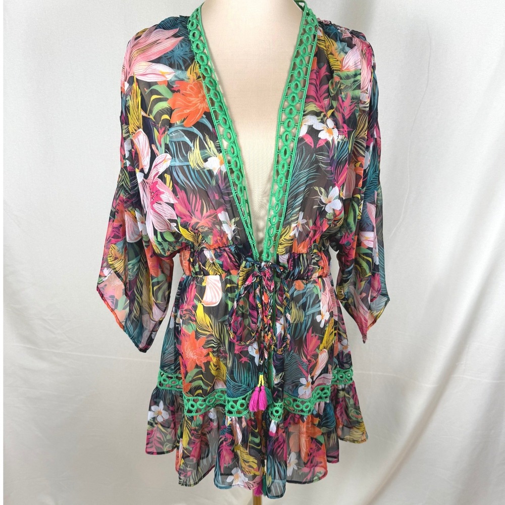 Ramy Brook McKala Mini Dress Kimono Multi Combo Green Tropical Floral Size M NWT